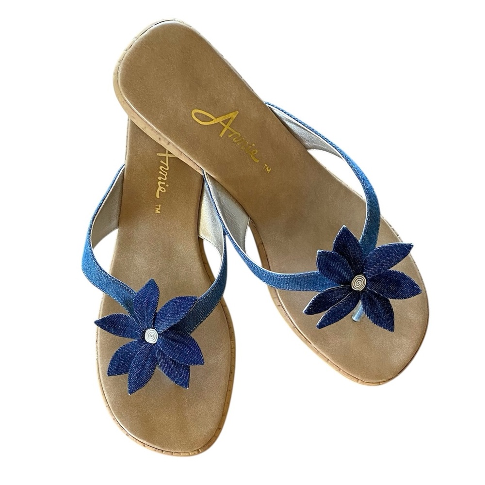 Annie Women's Sandals Flip Flops Floral Embellishment Denim Blue Size 9